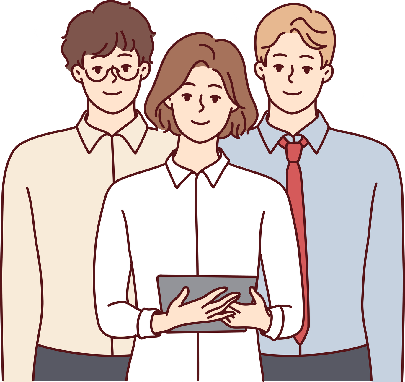 Team young professionals from woman with tablet and two men in business clothes. Vector image